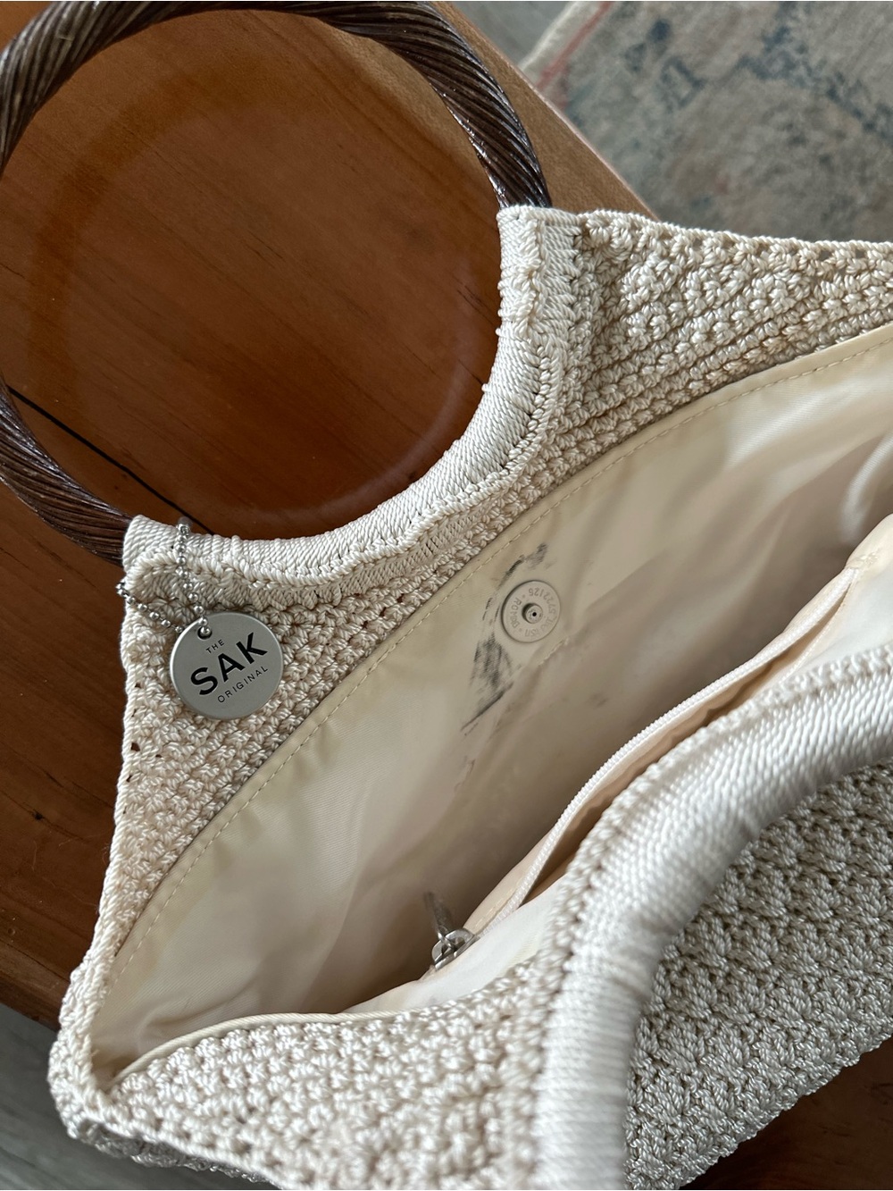 The Sak Cream Crochet Ring-Handle Tote with Brown Wooden Handles - Picture 7 of 9